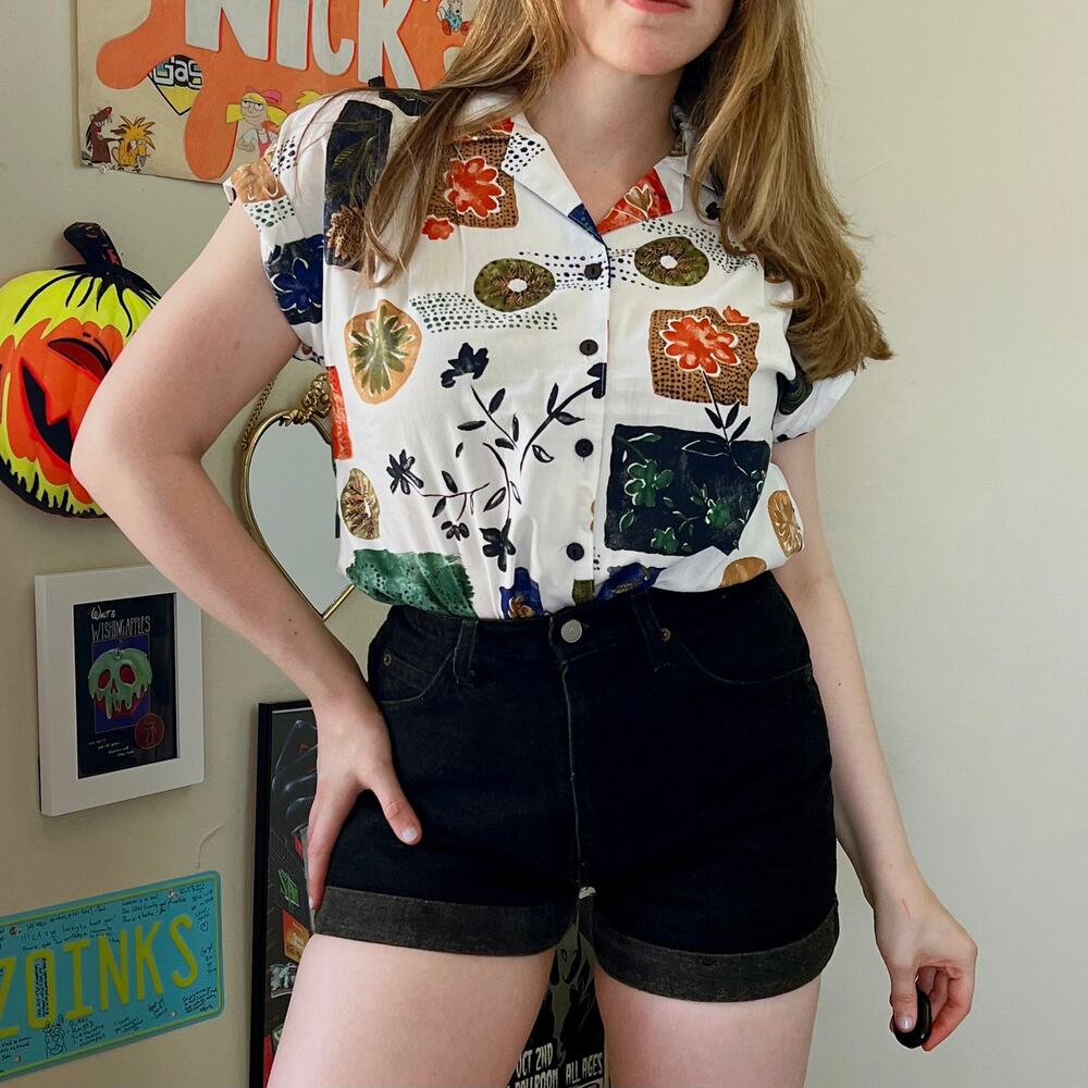 Vintage 1980s Caliche Abstract Blouse Size Medium Geometric Floral